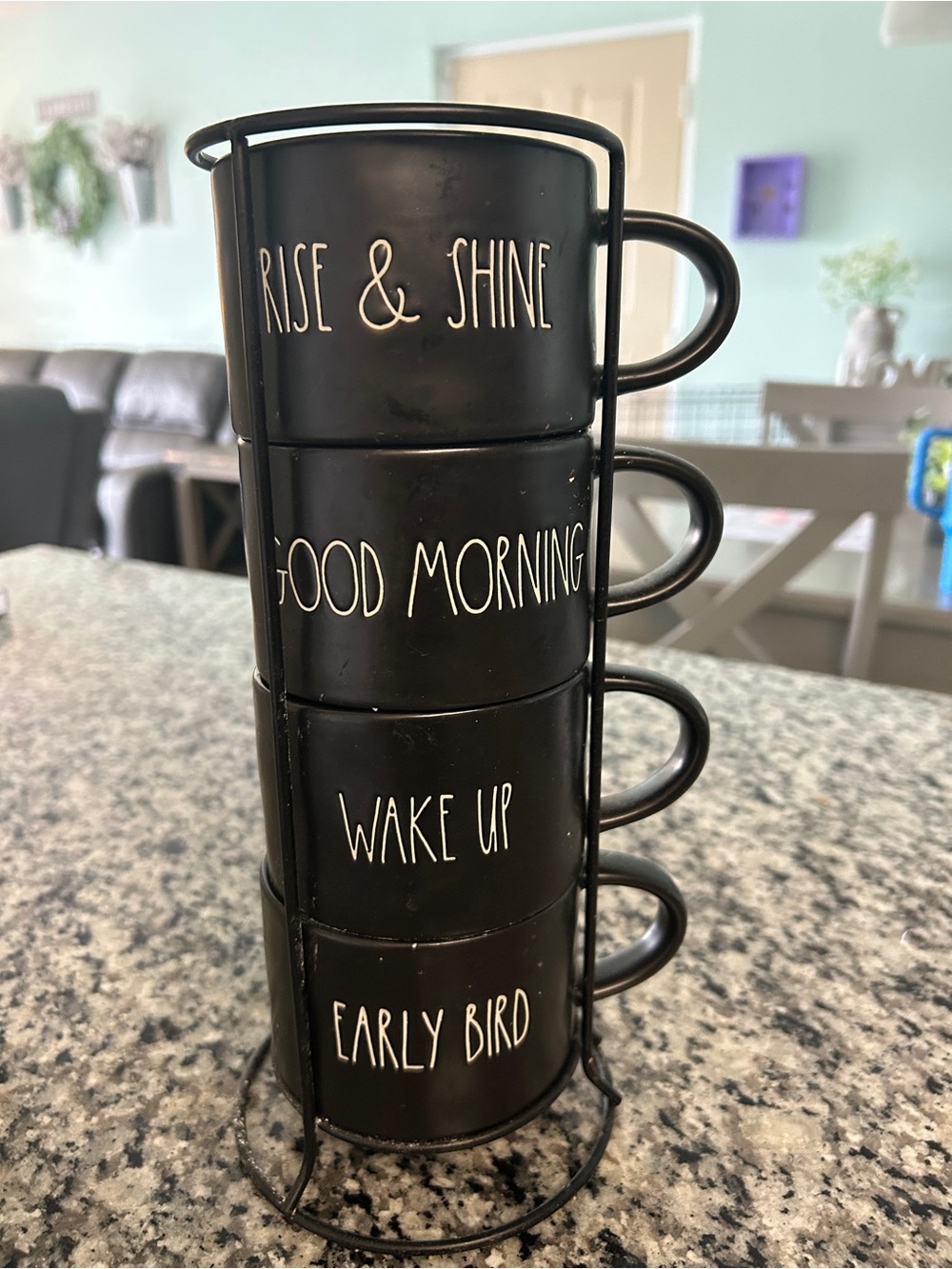 Rae Dunn Black Stacked Mugs with Morning Sayings